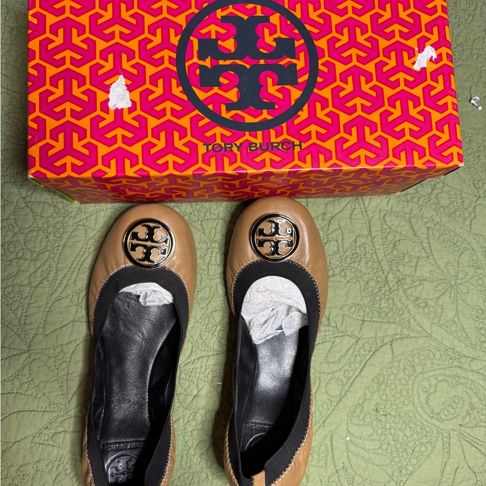 Tory Burch Camel Ballet Flats with Logo